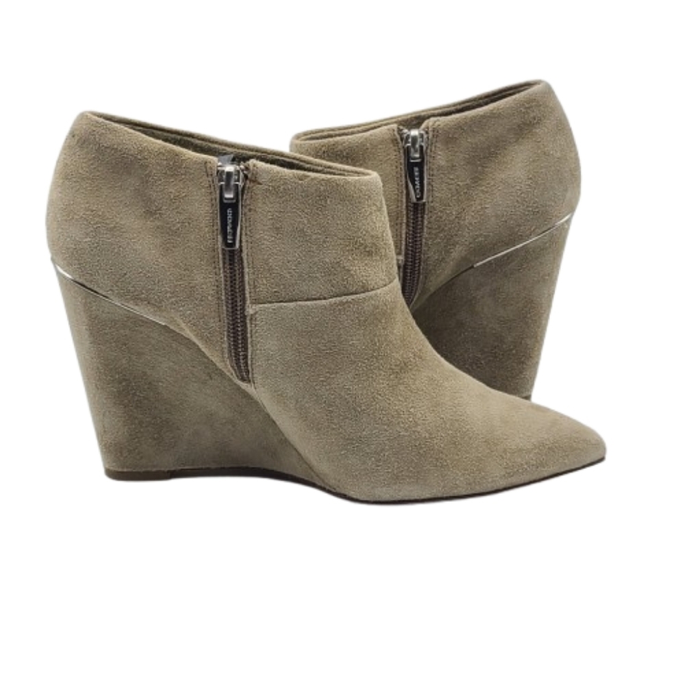 Coach Oakdale Wedge Booties Size 7.5 Tan Suede Zipper Pointed Toe - Picture 9 of 16